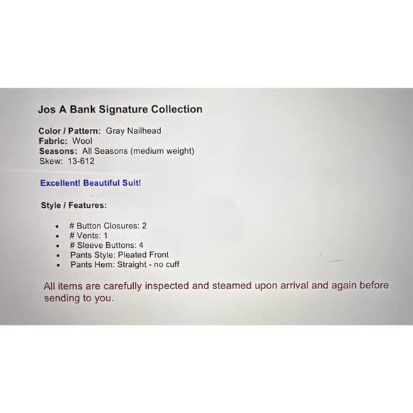 Jos A Bank Signature 48R 39x29 Gray Nailhead Men's 2-Piece Quality Suit - Picture 2 of 16